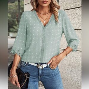 Women's Green Lace Trim Top